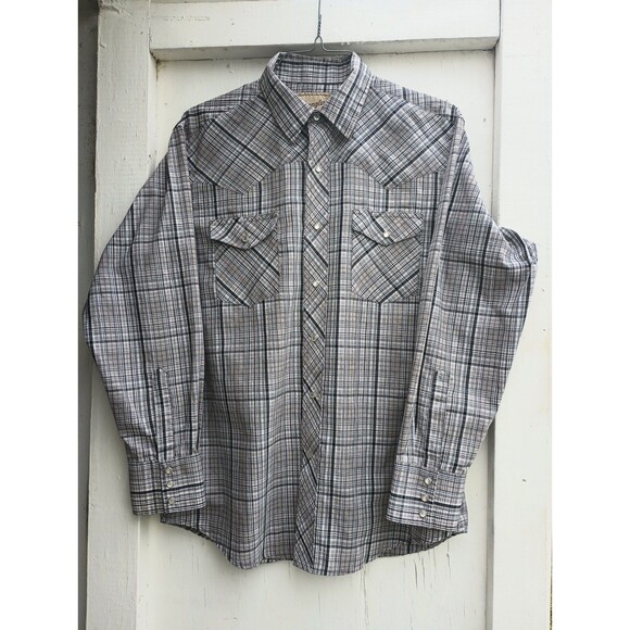 Vintage Wrangler L Mens Pearl Snaps Western Shirt Tan Plaid Cowboy Ranch Rodeo - Picture 1 of 5